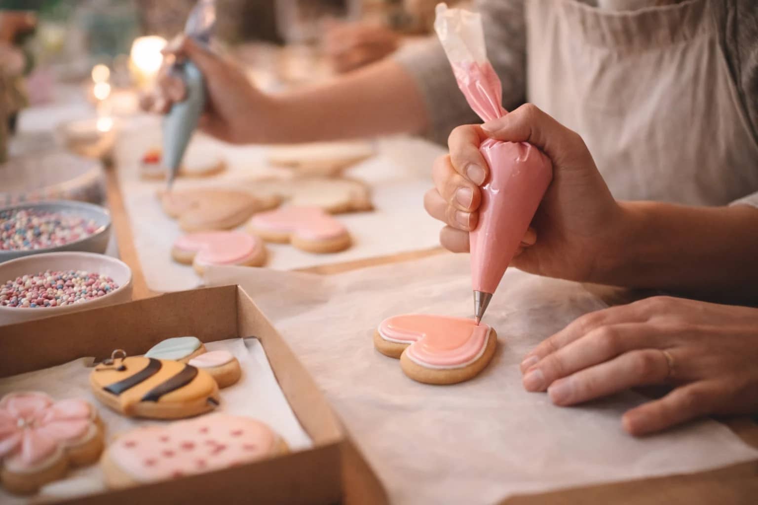 Private cookie decorating class in Folsom with guests decorating sugar cookies with royal icing